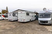 White camper vans, parked on the Nord motorhome parking lot, Hanover, state capital, Hanover region, Lower Saxony, Germany [IBR125557571]