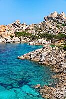 Sardinia white rock coast in Capo Testa and turquoise water on a sunny day, in Italy [IBR125557584]