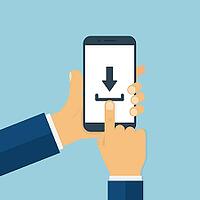 Man hands holding smartphone with download sign on screen. Fingers touching smartphone screen in trendy flat style. EPS 10 [IBR125557598]