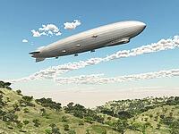 Computer generated 3D illustration with a zeppelin over a landscape [IBR125557600]