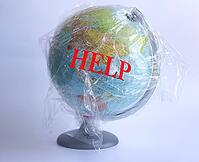 Text help and model of planet earth wrapped in polyethylene plastic disposable package on gray background. Ecology, plastic problems. Concept pollution of environment with polyethylene plastic waste world earth day, saving the planet [IBR125566002]