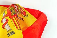 Spanish flag with its distinctive red and yellow stripes and national coat of arms, representing european identity and pride [IBR125566007]