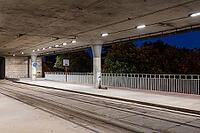 Tram stop at night, light electric railway tramline, public transportation in city of Warsaw, Poland [IBR125566033]