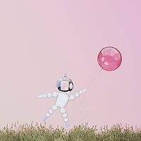 Astronaut with red ball flying under beautiful meadow with green grass. Hope for better future, space, different world, new generation, no fear concept. 3D illustration, 3D rendering [IBR125566041]