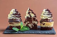 Delicious marble cupcakes with chocolate and vanilla cream served on a slate plate with a sprig of mint, copy space. Concept of homemade sweet pastries [IBR125566057]