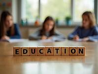 Wooden cubs spelling education stand on a desk with blued students learning in the background, AI generated [IBR125592653]