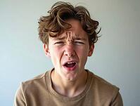 Teenager expressing disgust, wrinkling nose and curling lips in a grimace of strong dislike, AI generated [IBR125592657]