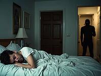Homeowner lying in bed and watching a masked intruder searching his house, AI generated [IBR125592661]