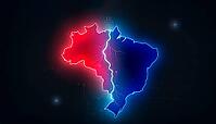 Conceptual Image of Political Polarization in Brazil: Left vs Right Neon Map, AI generated [IBR125592663]