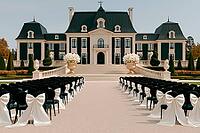 Rows of black chairs with white bows lead to a grand French-style mansion prepared for an elegant outdoor wedding ceremony. AI generated [IBR125592670]