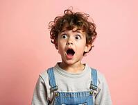 Studio portrait of a surprised child with curly hair and open mouth showing facial expression on a pink background, AI generated [IBR125592676]