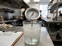 A probe thermometer sits in an ice water bath beside a temperature log, illustrating food safety checks and calibration in a working commercial kitchen, AI generated [IBR125592678]