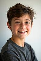 Studio portrait of a cheerful preteen boy with brown hair, exuding Happiness and confidence, AI generated [IBR125592679]