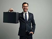 Businessman in suit laughing with an empty lettercase in hand, AI generated [IBR125592680]