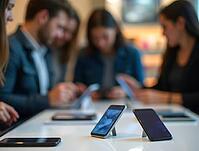 Two smartphones standing on display in a bright electronics store with blued figures of customers browsing other devices, AI generated [IBR125592681]