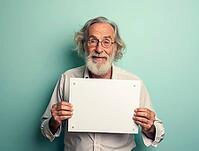 Happy bearded professor showing blank whiteboard with copy space for text or advertising on turquoise background, AI generated [IBR125592682]