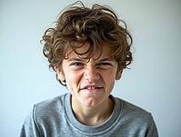 Portrait of a disgusted preteen boy wrinkling his nose and curling his lips on a light background, AI generated [IBR125592686]