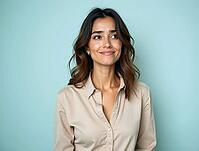 Studio portrait of a businesswoman with medium-length brown hair, wearing a beige shirt, smiling subtly and looking up with a thoughtful expression, AI generated [IBR125592688]