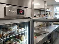 Covered ingredients sit on refrigerator shelves beside stainless counters, while a digital readout supports temperature monitoring in a working kitchen, AI generated [IBR125592689]