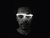 Dramatic black and white portrait of a young man with neon light illuminating his face, AI generated [IBR125592694]
