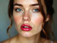 Close-up portrait of attractive model with perfect skin and bright red lipstick, AI generated [IBR125592695]