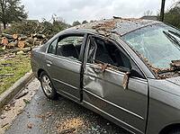 A gray sedan sits beside freshly cut tree sections, with shattered windows, a crushed roof, and bark and wood debris scattered across the roadway, AI generated [IBR125592698]