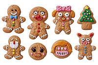 A collection of decorated gingerbread cookies shaped like people, a reindeer, and a Christmas tree, with colorful icing and candy details. AI generated [IBR125592706]