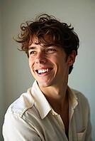 Young man smiling brightly in studio setting, AI generated [IBR125592711]