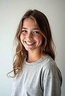 Happy teen girl with long brown hair smiling on a light studio background, AI generated [IBR125592712]