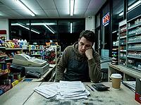 A tired-looking man sits behind a convenience store counter with paperwork, a calculator and coffee amid shelves and fluorescent lighting, AI generated [IBR125592714]