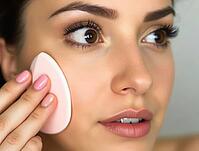 Close-up of a beauty influencer applying foundation with a sponge, achieving a flawless and radiant complexion, AI generated [IBR125592718]