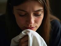 Sad young woman holding handkerchief and closing her eyes, AI generated [IBR125592720]