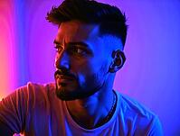 Side-lit portrait of a man in vibrant red and purple neon hüs, AI generated [IBR125592722]