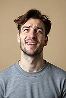 Portrait of a young man making a fake, doubtful smile, AI generated [IBR125592726]