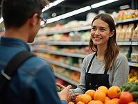 Supermarket saleswoman assisting customer choosing fresh products in grocery store, AI generated [IBR125592727]