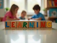 Colorful wooden blocks spelling learning on a reflective table surface with blued children in background, AI generated [IBR125592732]