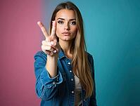Confident young woman making victory gesture with fingers on vibrant two-tone background, AI generated [IBR125592738]