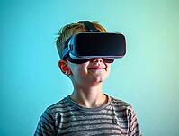 Smiling boy experiencing virtual reality using vr headset, engaging with immersive technology and metaverse simulation, AI generated [IBR125592740]