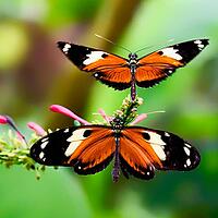 Two orange-black-white butterflies sit and float over a flowering branch, Passion flower butterfly (Heliconius), Mariposario de Benalmádena, captivity, Benalmádena, Costa del Sol, Andalusia, Spain [IBR125606095]