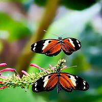 A butterfly hovers with flat outstretched wings over a resting conspecific on a flowering branch, passion flower butterfly (Heliconius), Mariposario de Benalmádena, captivity, Benalmádena, Costa del Sol, Andalusia, Spain [IBR125606106]