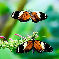 Two orange-black butterflies float over a pink flowering plant against a green background, passion flower butterfly (Heliconius), Mariposario de Benalmádena, captivity, Benalmádena, Costa del Sol, Andalusia, Spain [IBR125606111]