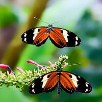 An orange-black butterfly hovers above a conspecific on a flowering plant, passion flower butterfly (Heliconius), Mariposario de Benalmádena, captivity, Benalmádena, Costa del Sol, Andalusia, Spain [IBR125606118]
