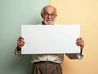 Smiling senior man holding a blank whiteboard against a pastel background, offering space for your message or design, AI generated [IBR125621279]
