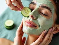Woman relaxing with facial mask and cucumber slices during beauty treatment, AI generated [IBR125621283]