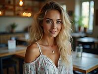 Portrait of a cheerful young woman with long blonde hair, smiling serenely in a cozy restaurant setting, AI generated [IBR125621285]