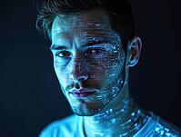 Futuristic portrait of a man with holographic face overlay blending human and digital elements, AI generated [IBR125621288]