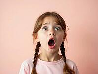 Studio shot of a surprised young girl with braids showing astonishment and shock on a pink background, AI generated [IBR125621289]