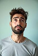 Young man expressing disappointment and sadness, looking up with furrowed brows and messy hair against a light green background, AI generated [IBR125621293]