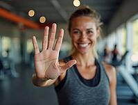 Sportswoman showing stop sign with hand and smiling in gym, AI generated [IBR125621296]