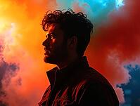 Profile of a young man observing a vibrant and colorful smoke explosion, creating a dramatic and cinematic atmosphere, AI generated [IBR125621297]